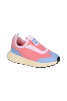 Angled view of a Native Shoes Kids Robbie Dash Kids | Flamingo Pink / Tapioca Off White / Jiffy Black Footwear in Flamingo Pink / Tapioca Off White / Jiffy Black