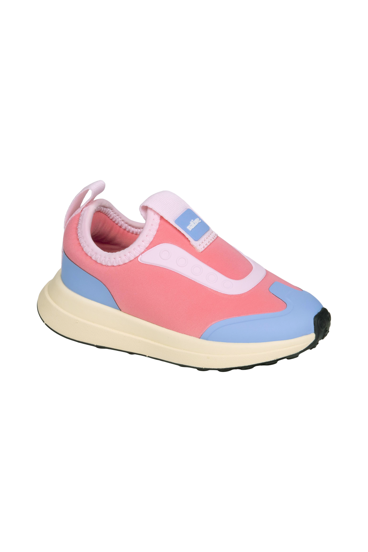 Angled view of a Native Shoes Kids Robbie Dash Kids | Flamingo Pink / Tapioca Off White / Jiffy Black Footwear in Flamingo Pink / Tapioca Off White / Jiffy Black