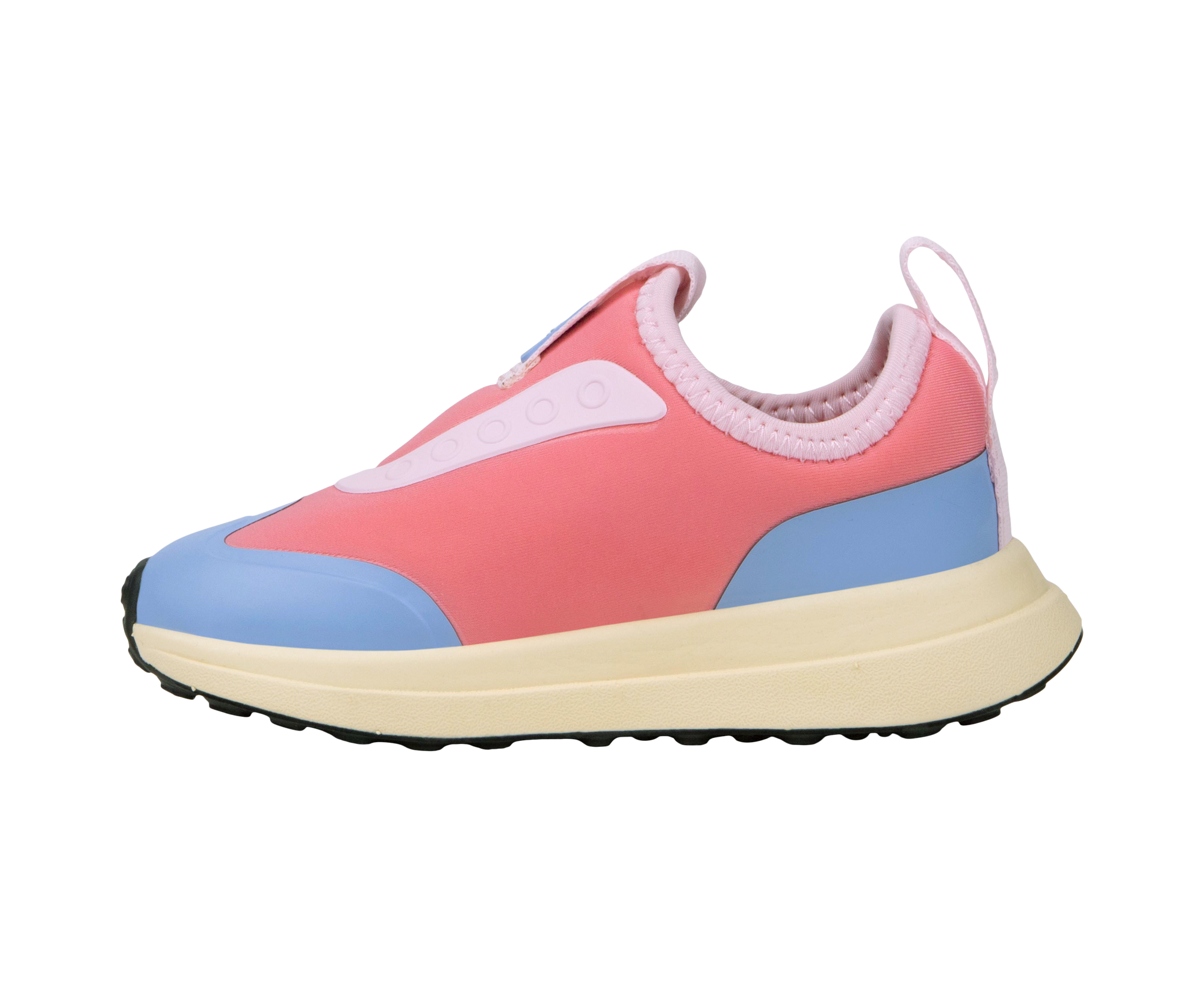 Bottom view of a Native Shoes Kids Robbie Dash Kids | Flamingo Pink / Tapioca Off White / Jiffy Black Footwear in Flamingo Pink / Tapioca Off White / Jiffy Black