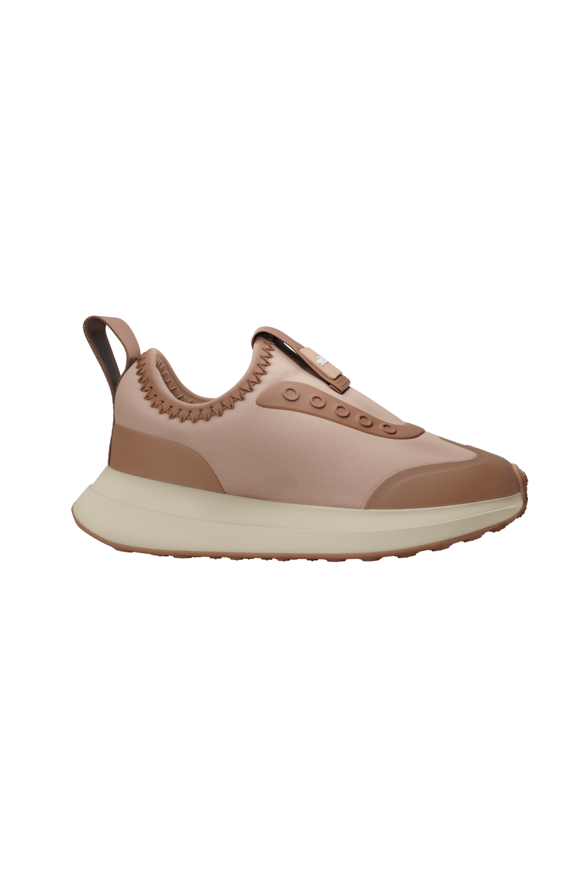 Side view of a Native Shoes Kids Robbie Dash Kids Footwear in Chameleon Pink / Tapioca Off White / Hazel Brown