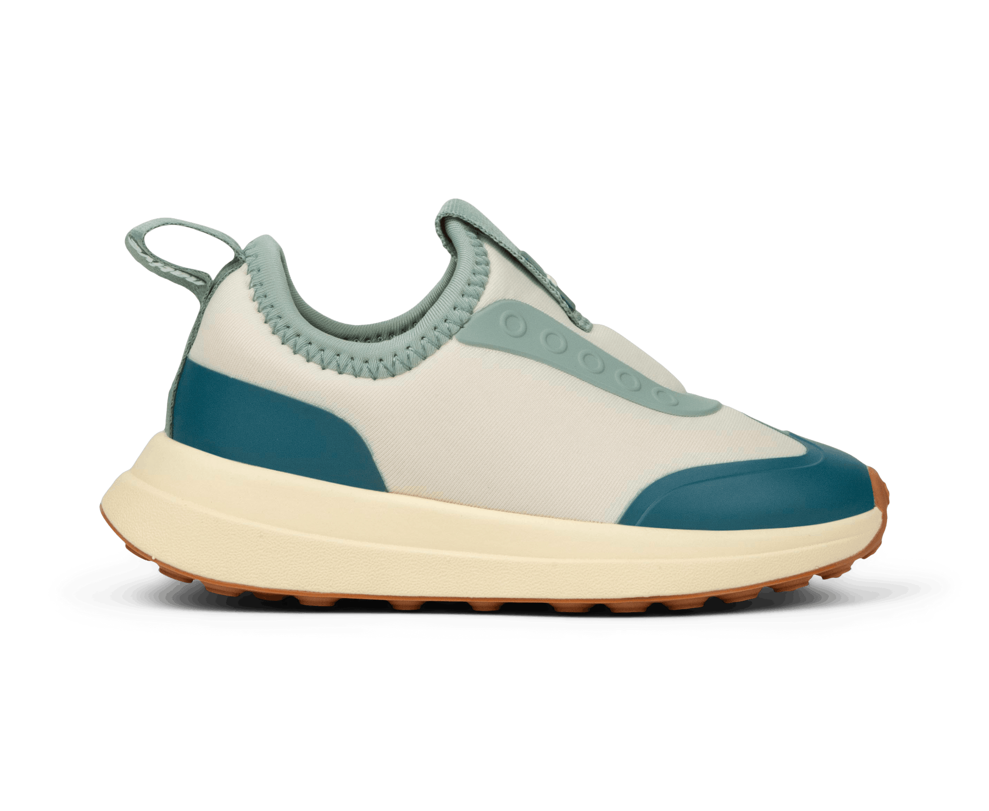 Side view of a Native Shoes Kids Robbie Dash Kids Footwear in Bone White / Tapioca Off White / Hazel Brown