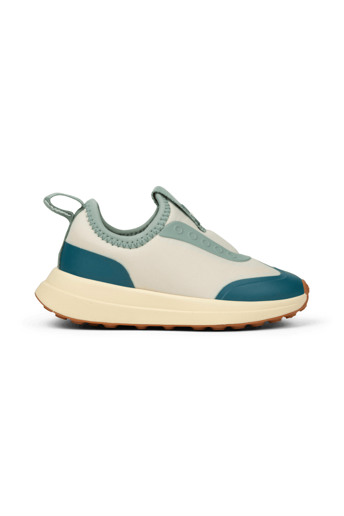 Side view of a Native Shoes Kids Robbie Dash Kids Footwear in Bone White / Tapioca Off White / Hazel Brown