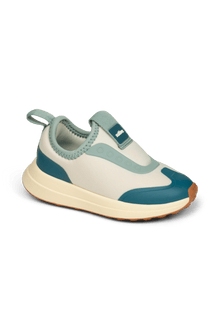 Angled view of a Native Shoes Kids Robbie Dash Kids | Bone White / Tapioca Off White / Hazel Brown Footwear in Bone White / Tapioca Off White / Hazel Brown