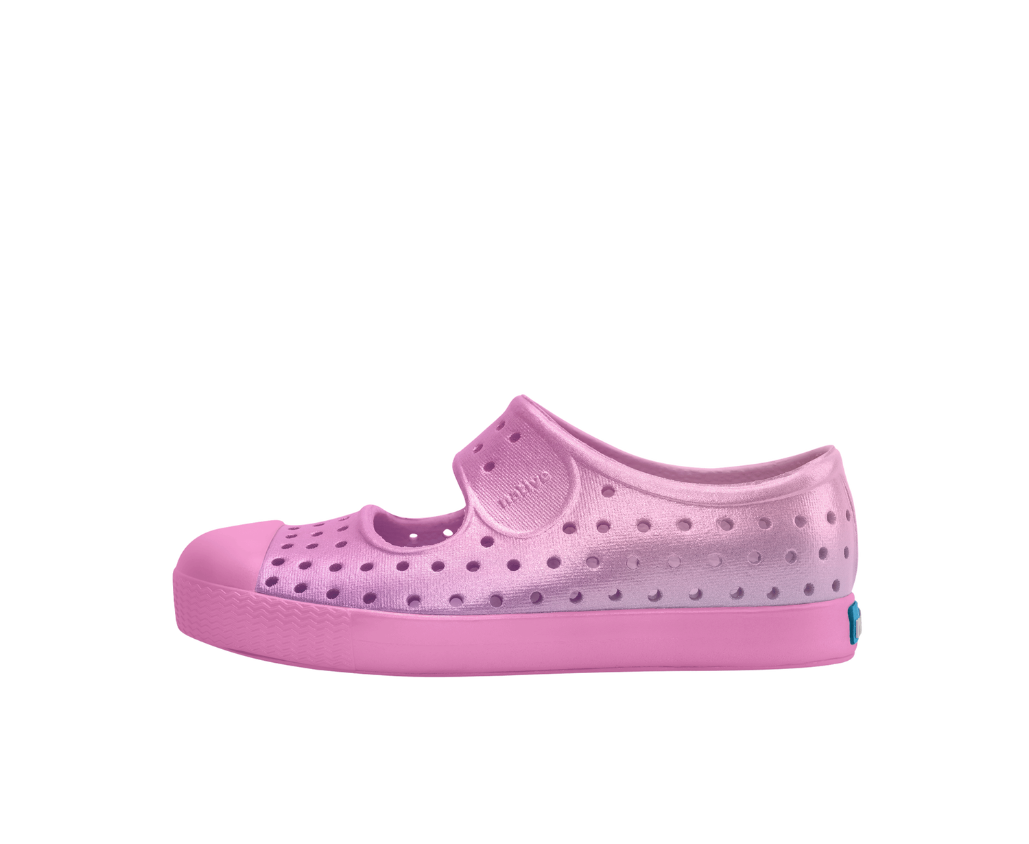 Side view of a Native Shoes Kids Jefferson Juniper Metallic Bk Kids Footwear in Malibu Pink Metallic / Malibu Pink