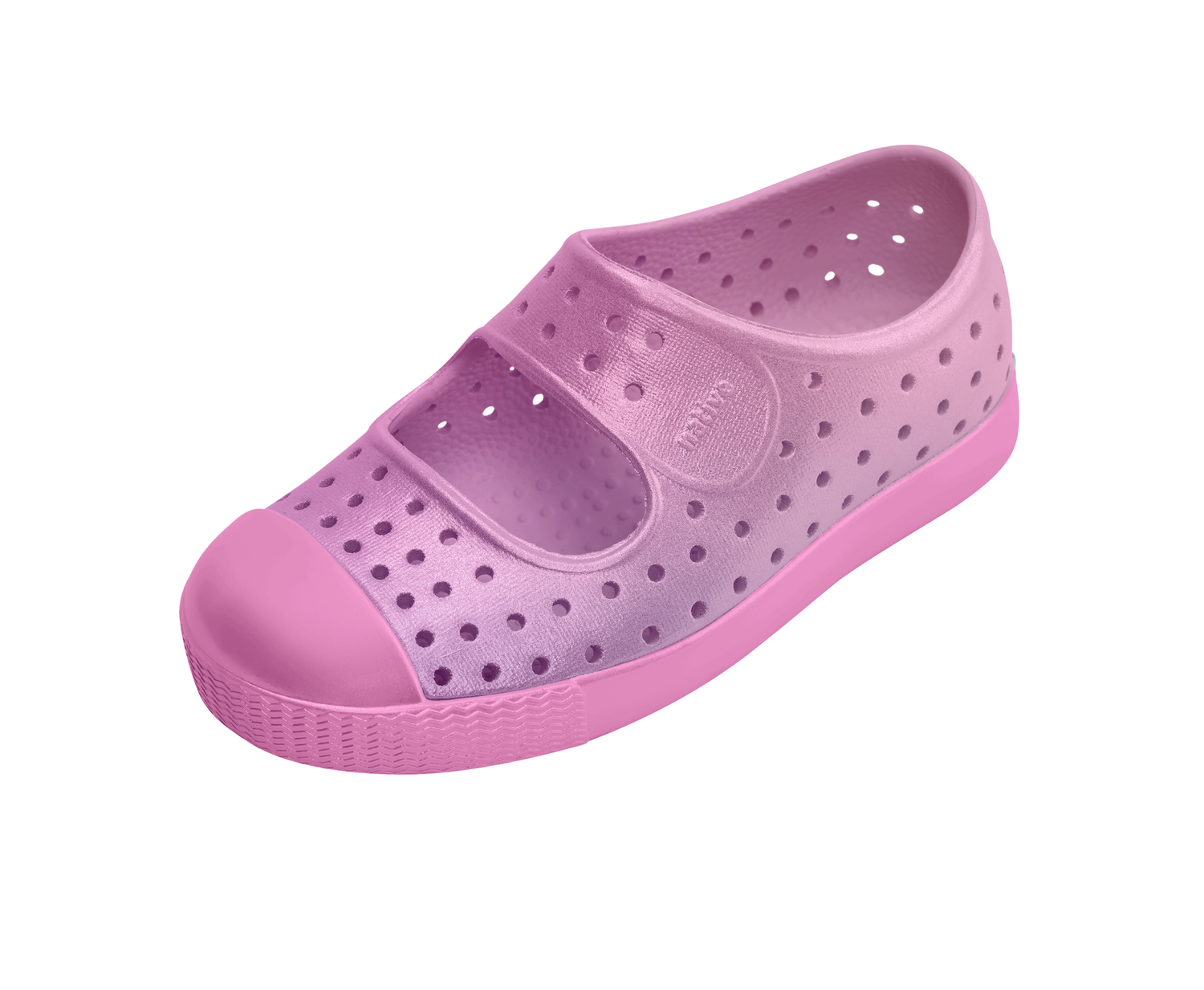 Angled view of a Native Shoes Kids Jefferson Juniper Metallic Bk Kids | Malibu Pink Metallic / Malibu Pink Footwear in Malibu Pink Metallic / Malibu Pink