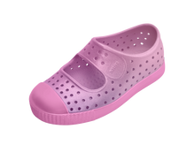 Angled view of a Native Shoes Kids Jefferson Juniper Metallic Bk Kids | Malibu Pink Metallic / Malibu Pink Footwear in Malibu Pink Metallic / Malibu Pink