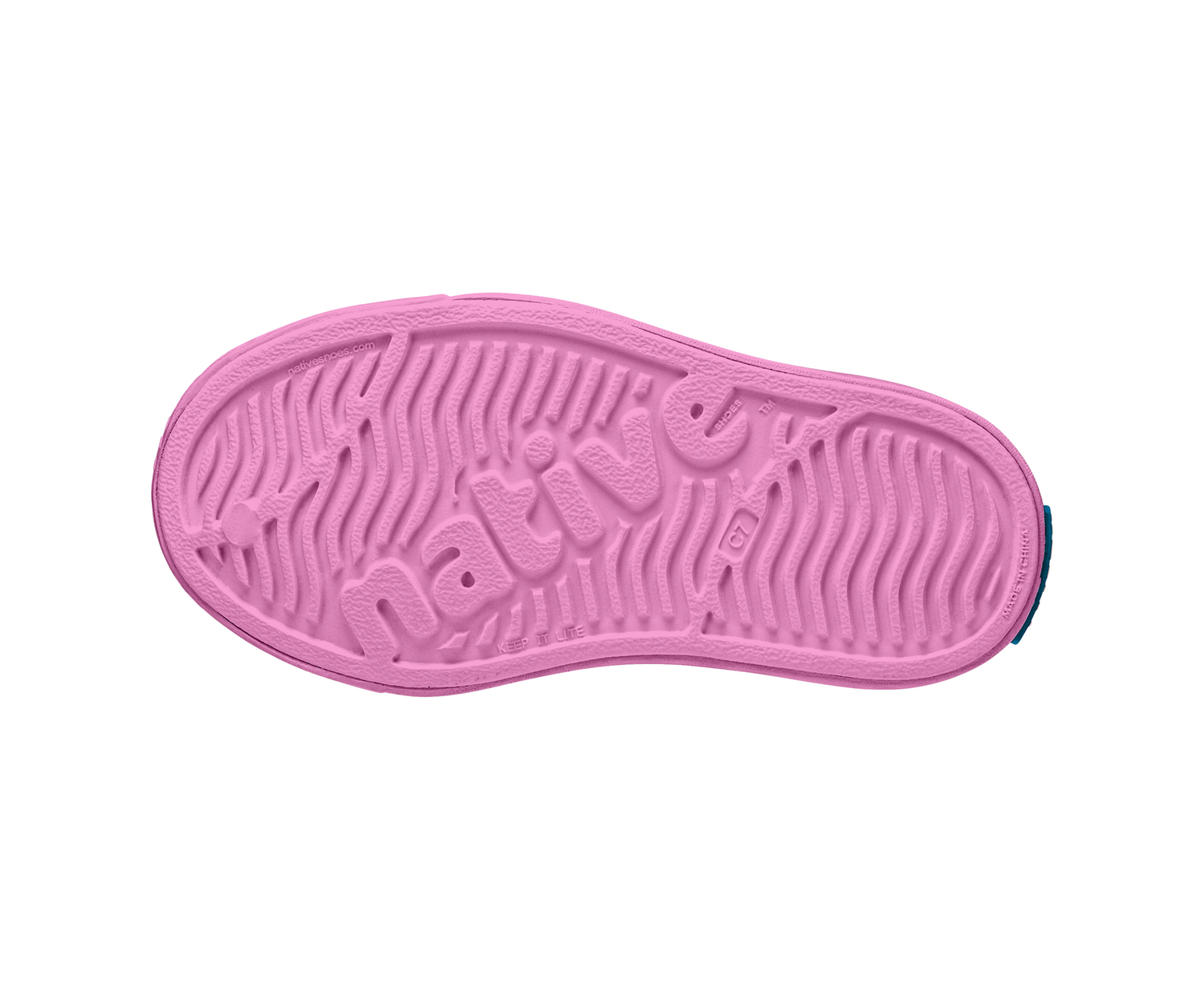 Bottom view of a Native Shoes Kids Jefferson Juniper Metallic Bk Kids | Malibu Pink Metallic / Malibu Pink Footwear in Malibu Pink Metallic / Malibu Pink