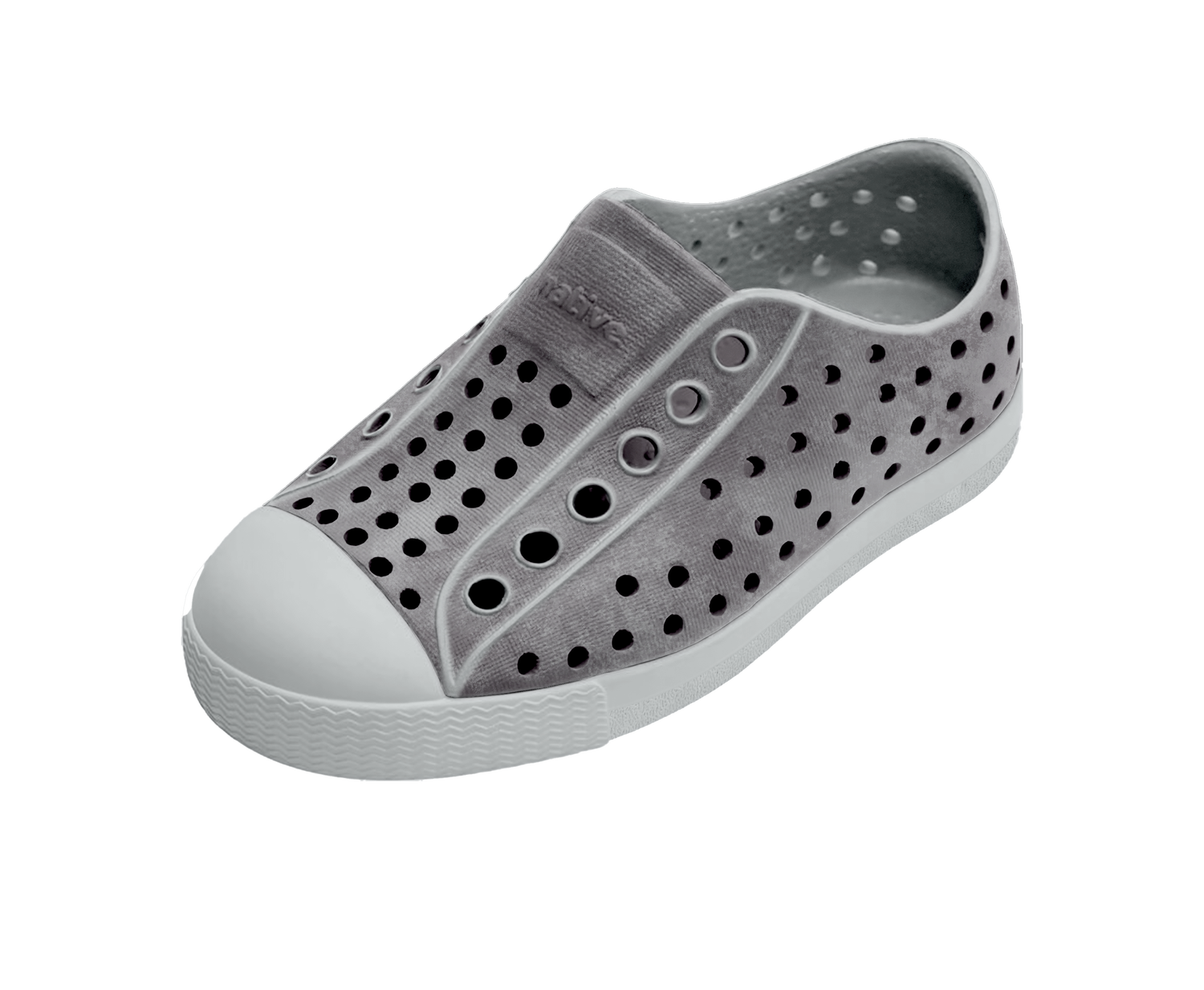 Angled view of a Native Shoes Kids Jefferson Stonewash Kids | Dawn Blue / Dawn Blue / Satellite Brushed Footwear in Dawn Blue / Dawn Blue / Satellite Brushed