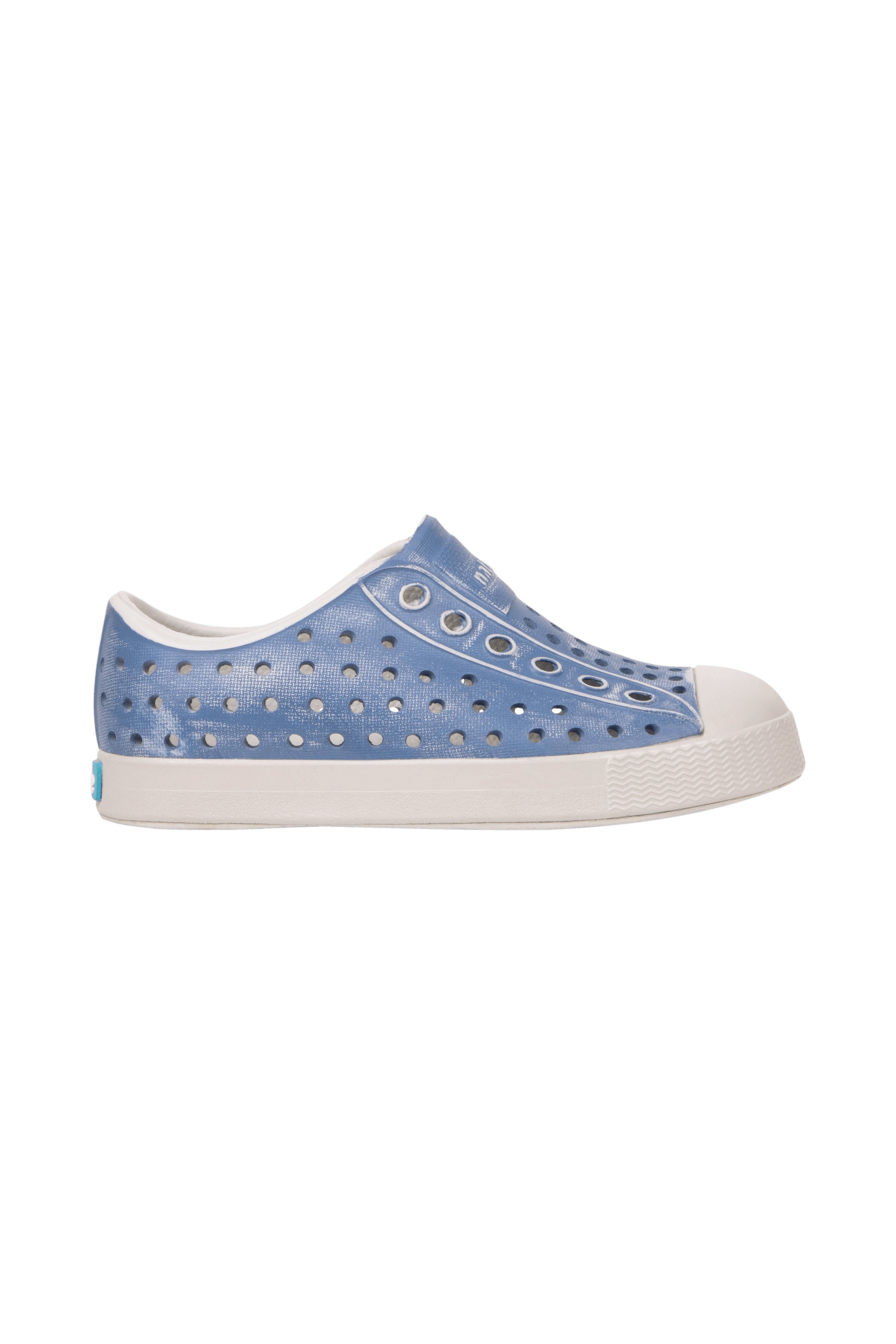 Side view of a Native Shoes Kids Jefferson Stonewash Kids Footwear in Dawn Blue / Dawn Blue / Oasis Brushed