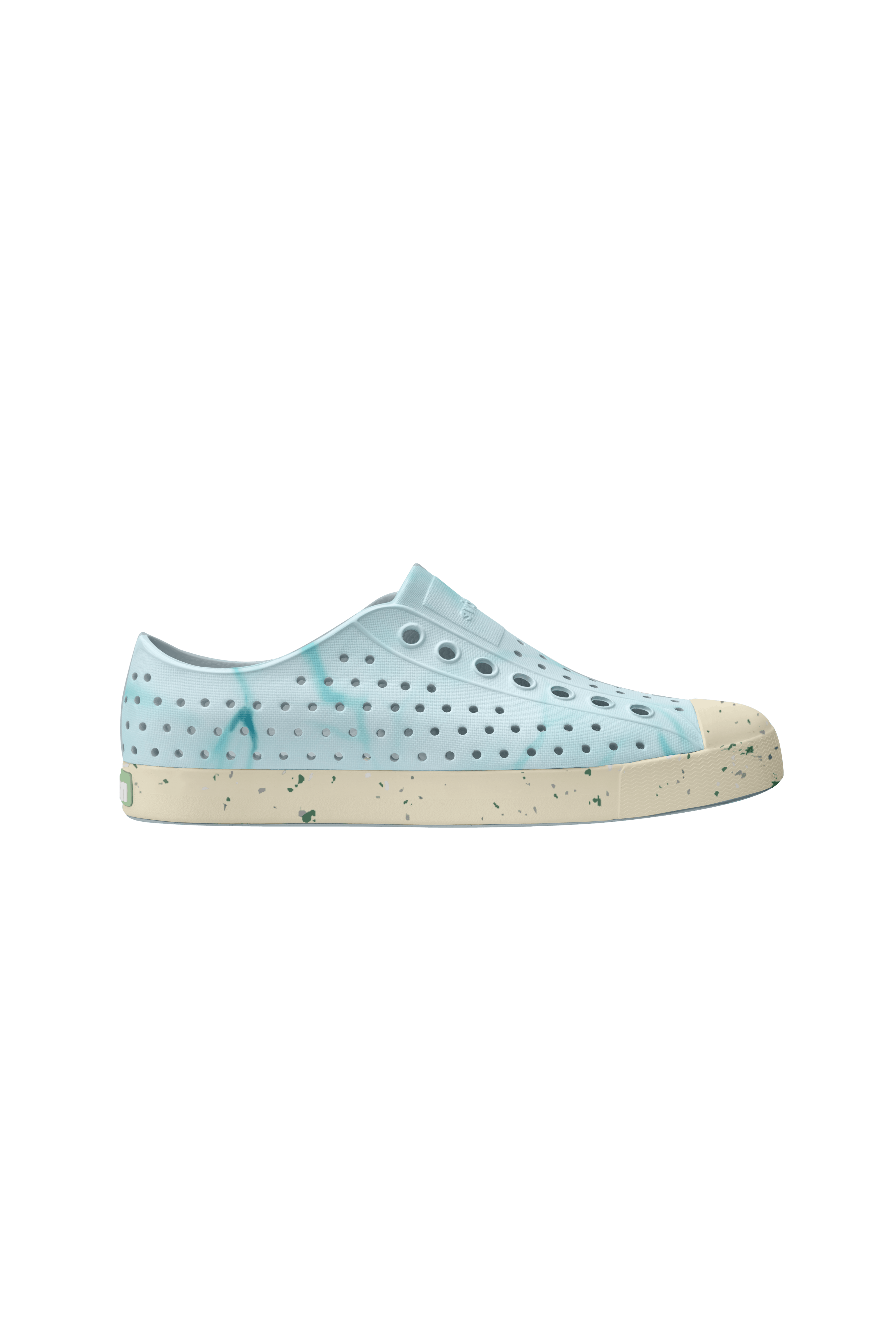 Side view of a Native Shoes Adults Jefferson Wanderfoam Blm Print Footwear in Dawn Blue / Bone White Speckles / Light Water