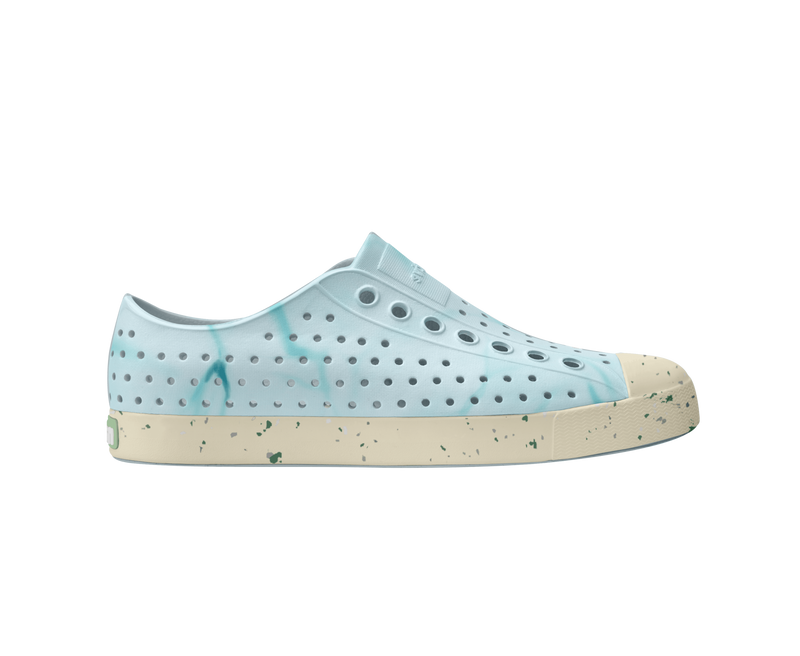 Side view of a Native Shoes Adults Jefferson Wanderfoam Blm Print Footwear in Dawn Blue / Bone White Speckles / Light Water