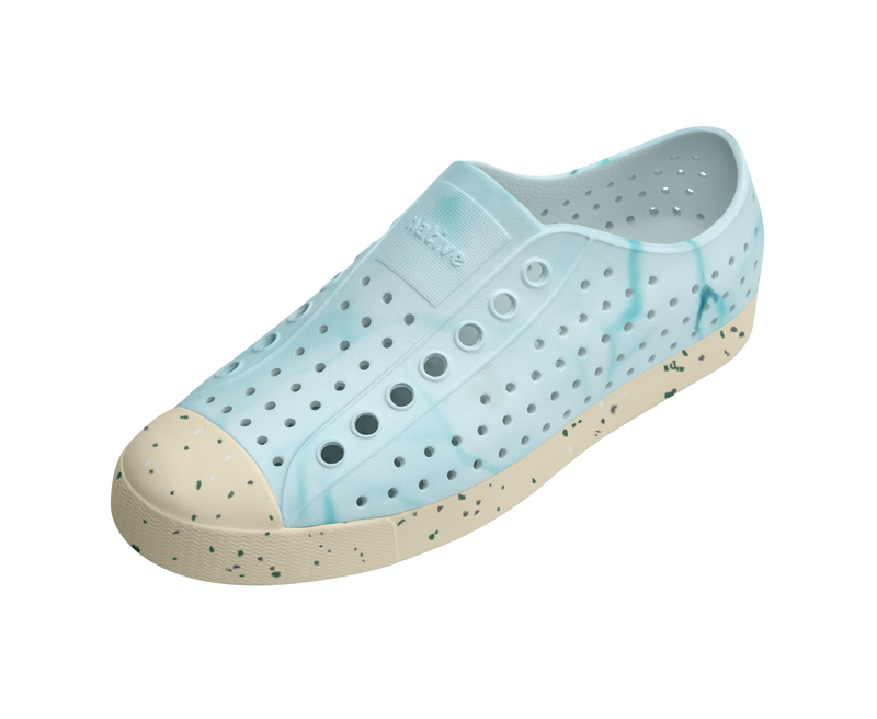 Angled view of a Native Shoes Jefferson Wanderfoam Blm Print | Dawn Blue / Bone White Speckles / Light Water Footwear in Dawn Blue / Bone White Speckles / Light Water