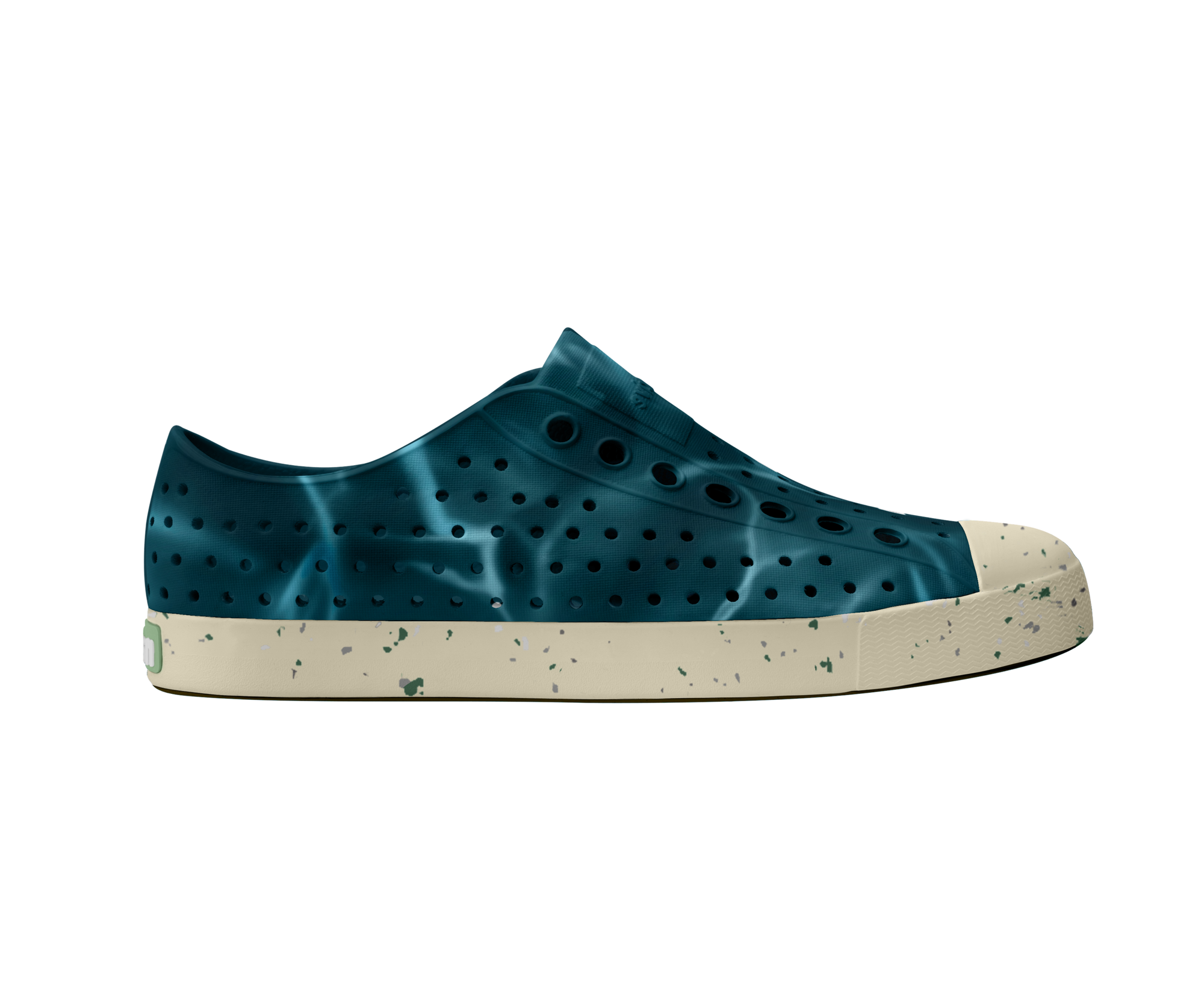 Side view of a Native Shoes Adults Jefferson Wanderfoam Blm Print Footwear in Oasis Blue / Bone White Speckle / Dark Water
