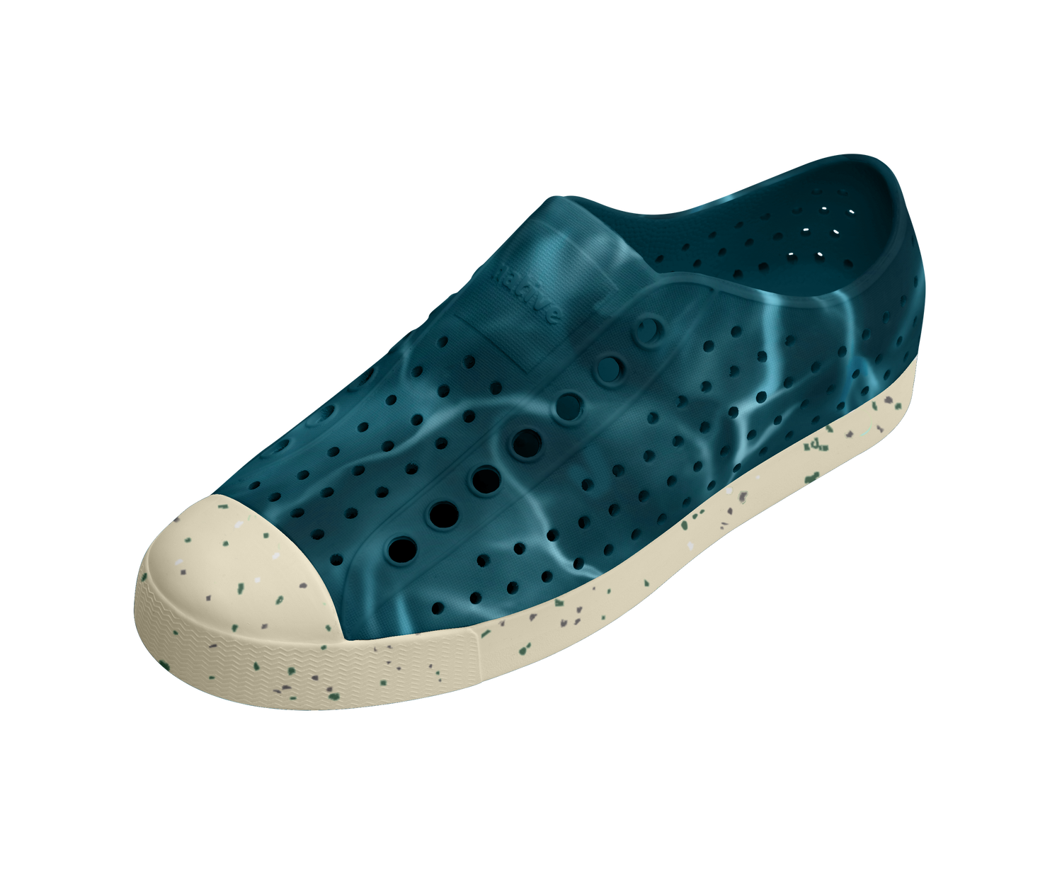 Angled view of a Native Shoes Jefferson Wanderfoam Blm Print | Oasis Blue / Bone White Speckle / Dark Water Footwear in Oasis Blue / Bone White Speckle / Dark Water