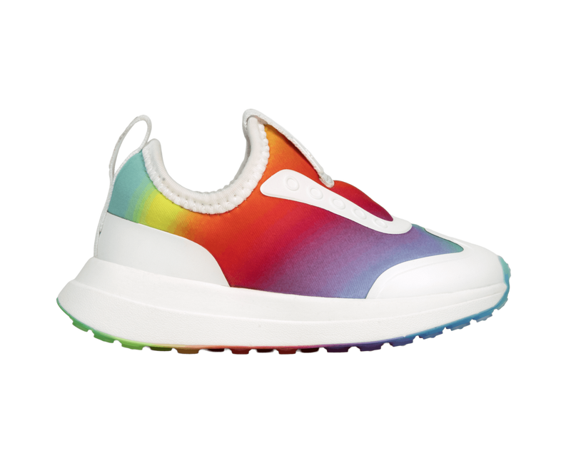 Side view of a Native Shoes Kids Robbie Dash Print Kids Footwear in Shell White / Shell White / Rainbow