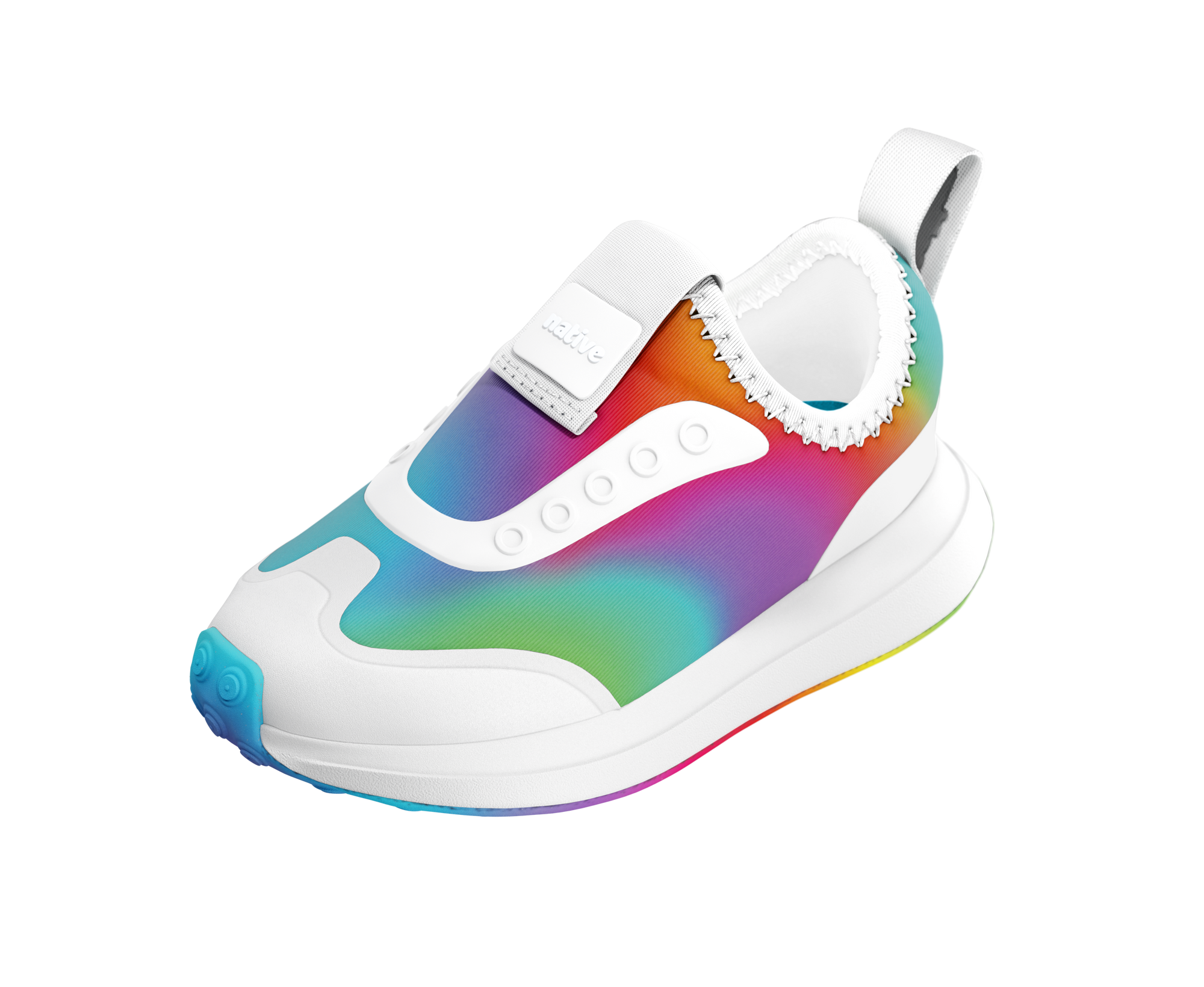 Angled view of a Native Shoes Kids Robbie Dash Print Kids | Shell White / Shell White / Rainbow Footwear in Shell White / Shell White / Rainbow
