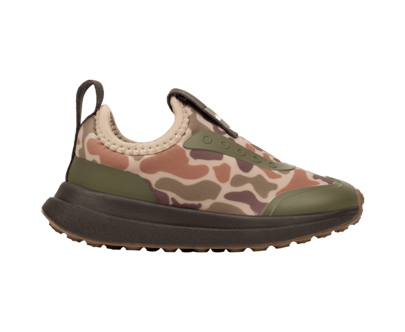 Side view of a Native Shoes Kids Robbie Dash Print Kids Footwear in Shlwht/Shlwht/Tuffcamo