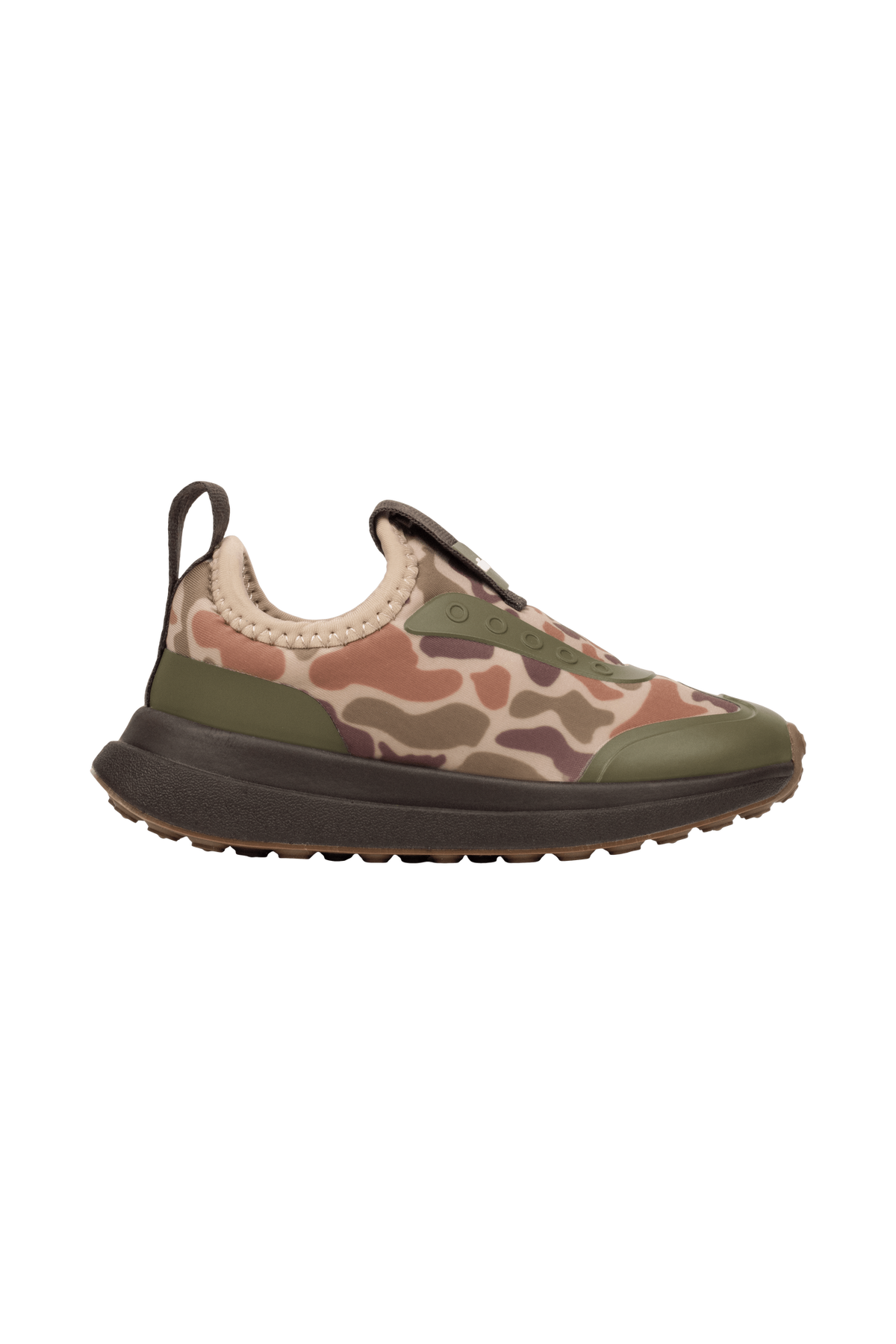 Side view of a Native Shoes Kids Robbie Dash Print Kids Footwear in Shlwht/Shlwht/Tuffcamo