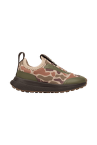Side view of a Native Shoes Kids Robbie Dash Print Kids Footwear in Shlwht/Shlwht/Tuffcamo