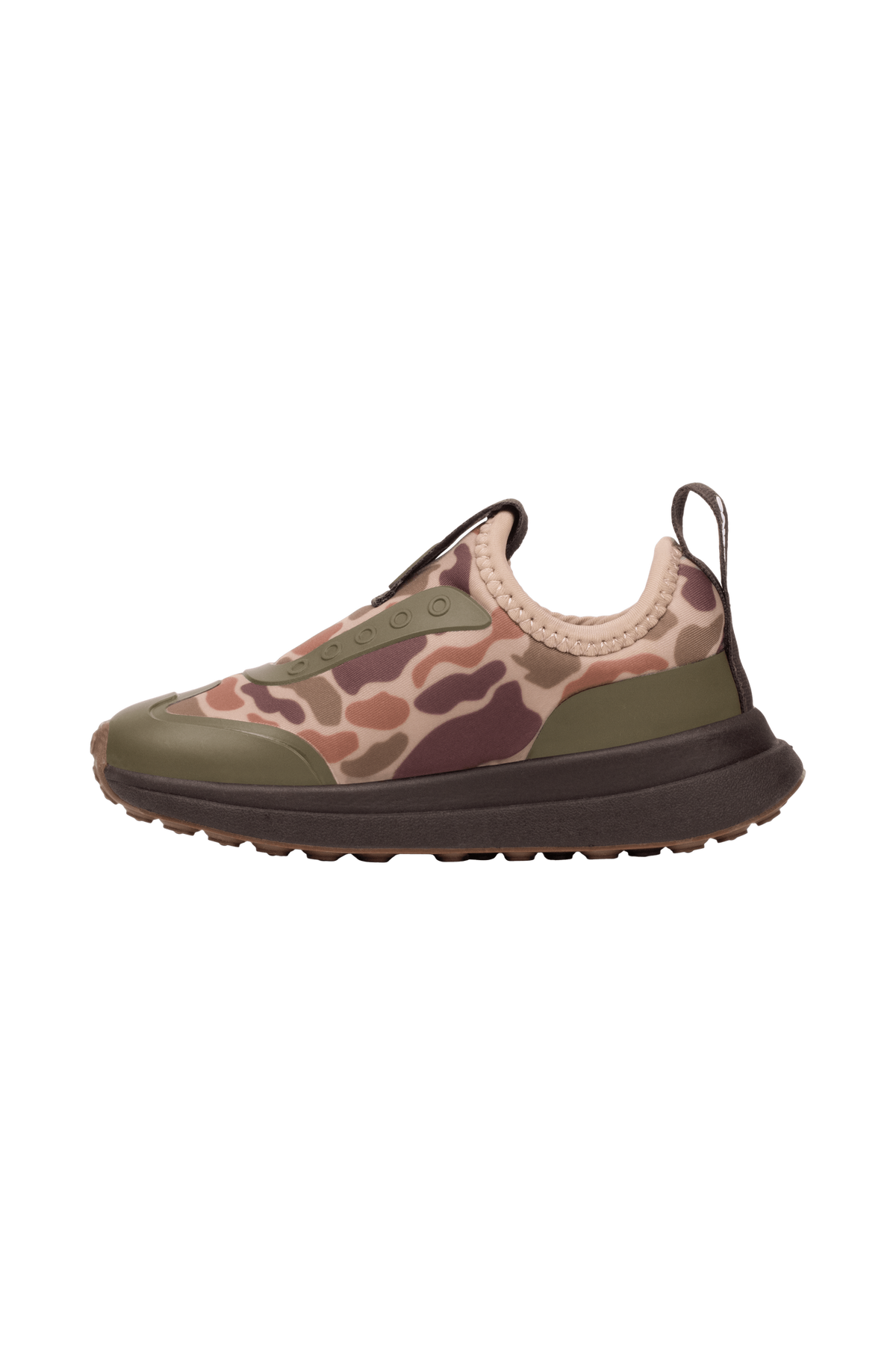 Angled view of a Native Shoes Kids Robbie Dash Print Kids | Shlwht/Shlwht/Tuffcamo Footwear in Shlwht/Shlwht/Tuffcamo