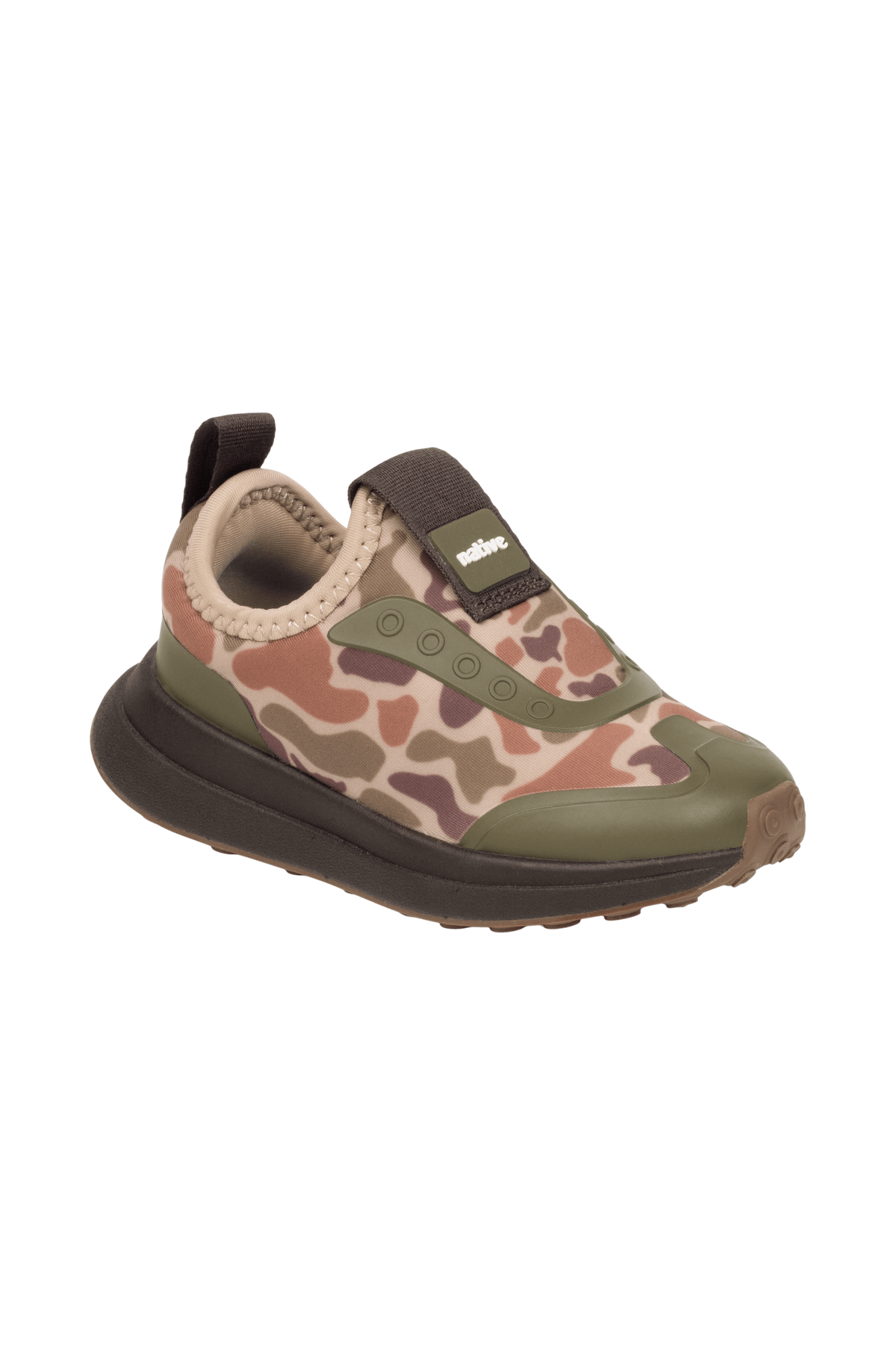 Bottom view of a Native Shoes Kids Robbie Dash Print Kids | Shlwht/Shlwht/Tuffcamo Footwear in Shlwht/Shlwht/Tuffcamo