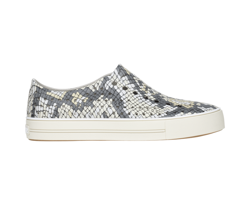 Side view of a Native Shoes Adults Jefferson Arc Wanderfoam Print Footwear in Slkgry/Pprwht/Slkpython