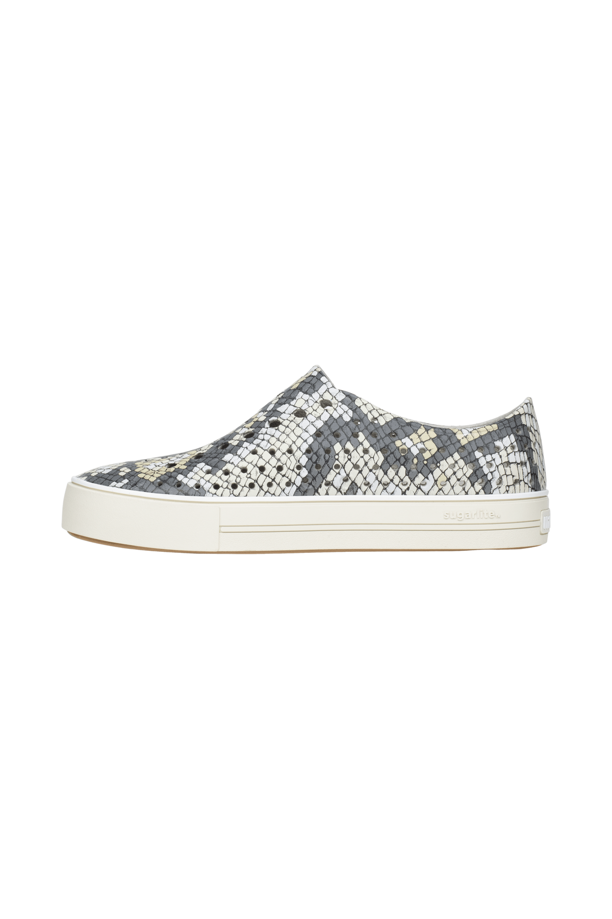 Angled view of a Native Shoes Jefferson Arc Wanderfoam Print | Slkgry/Pprwht/Slkpython Footwear in Slkgry/Pprwht/Slkpython