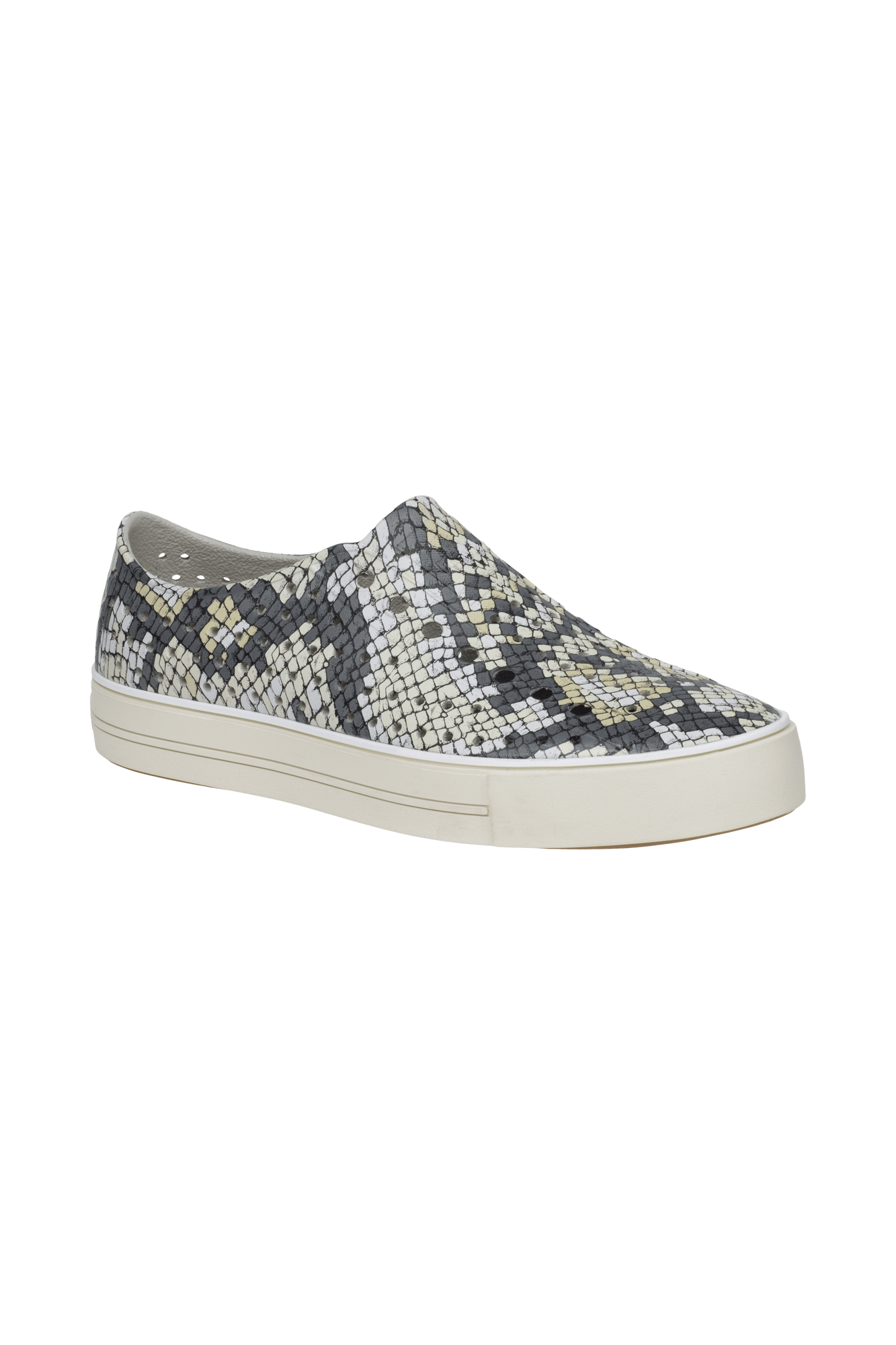 Bottom view of a Native Shoes Jefferson Arc Wanderfoam Print | Slkgry/Pprwht/Slkpython Footwear in Slkgry/Pprwht/Slkpython