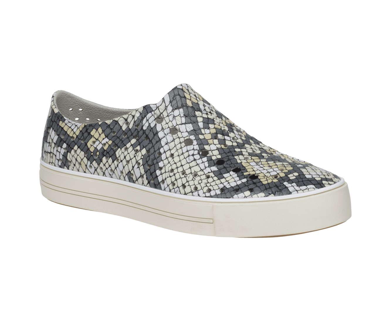 Bottom view of a Native Shoes Jefferson Arc Wanderfoam Print | Slkgry/Pprwht/Slkpython Footwear in Slkgry/Pprwht/Slkpython