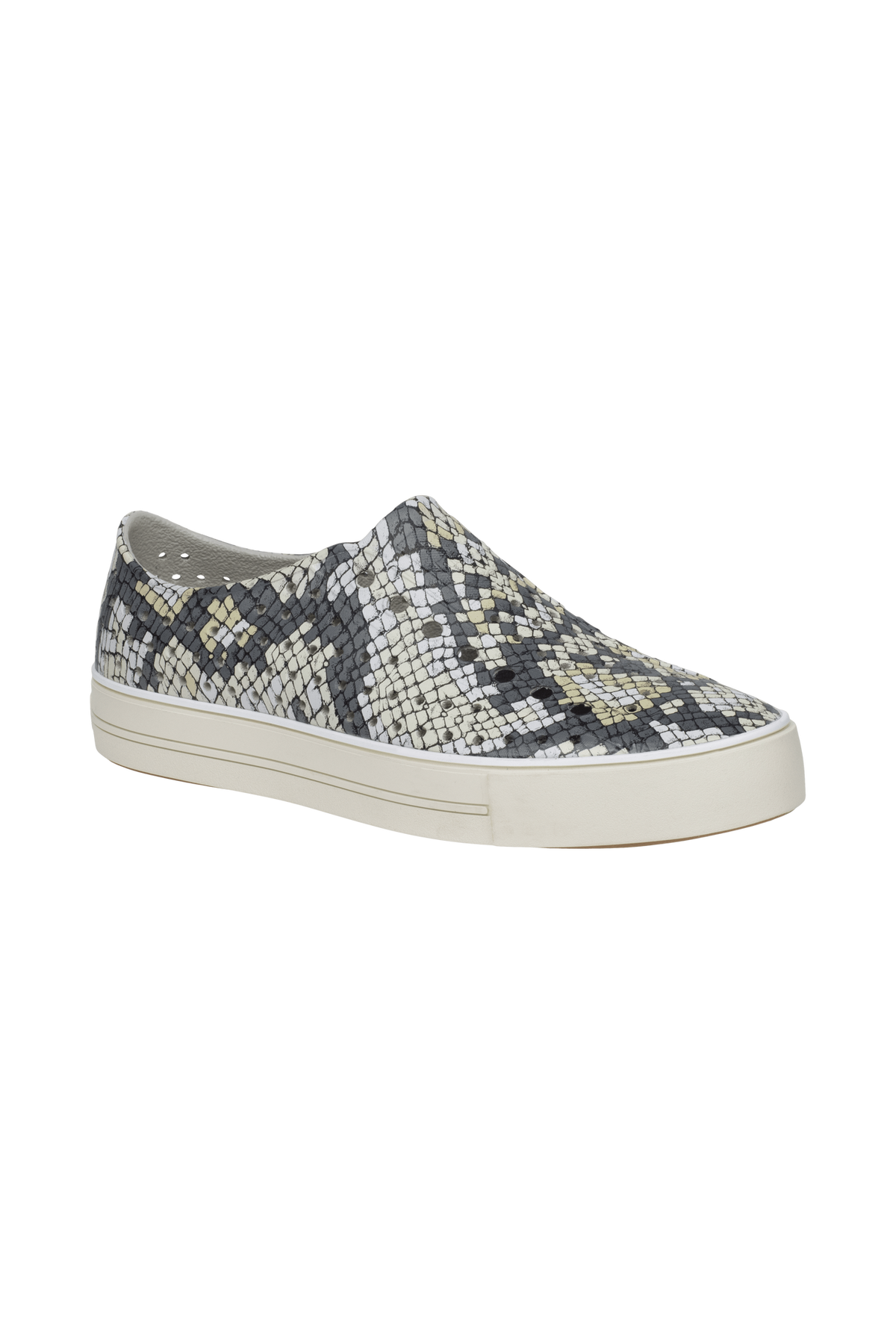 Bottom view of a Native Shoes Jefferson Arc Wanderfoam Print | Slkgry/Pprwht/Slkpython Footwear in Slkgry/Pprwht/Slkpython