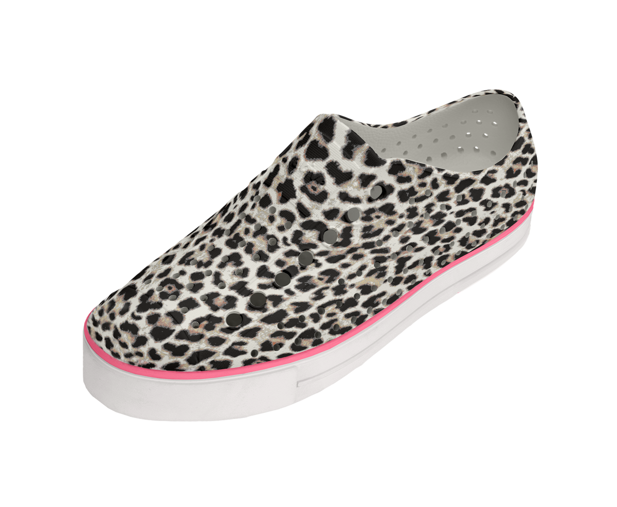 Angled view of a Native Shoes Jefferson Arc Wanderfoam Print | Shell White / Whisper White / Leopard Footwear in Shell White / Whisper White / Leopard