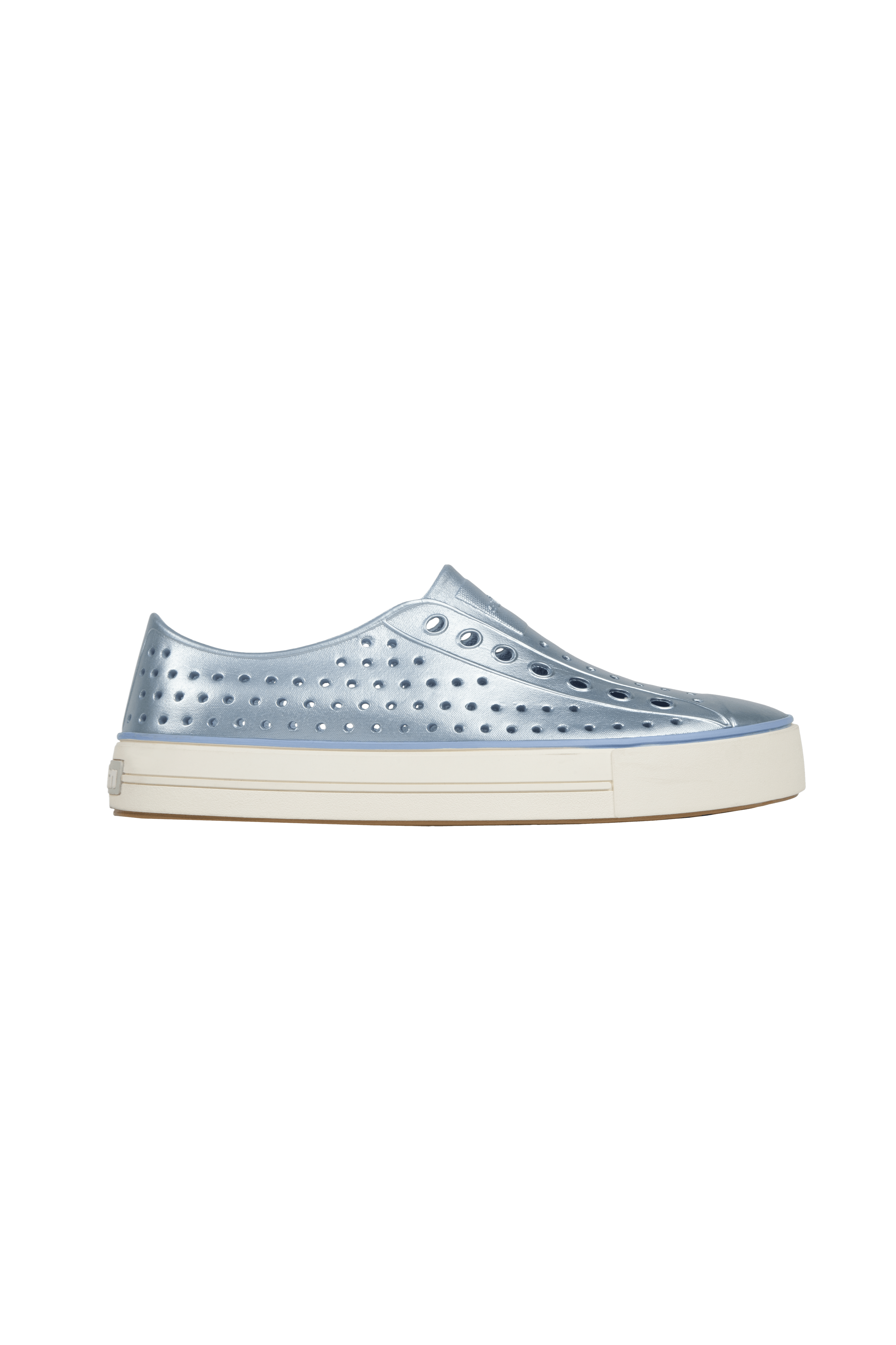 Side view of a Native Shoes Adults Jefferson Arc Wf Metallic Footwear in Skyway Blue Metallic / Whisper White