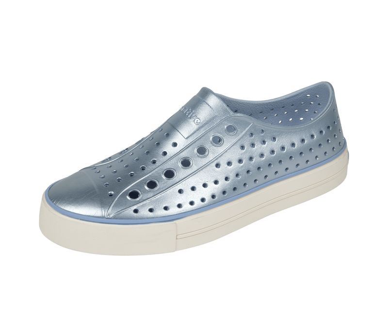 Angled view of a Native Shoes Jefferson Arc Wf Metallic | Skyway Blue Metallic / Whisper White Footwear in Skyway Blue Metallic / Whisper White