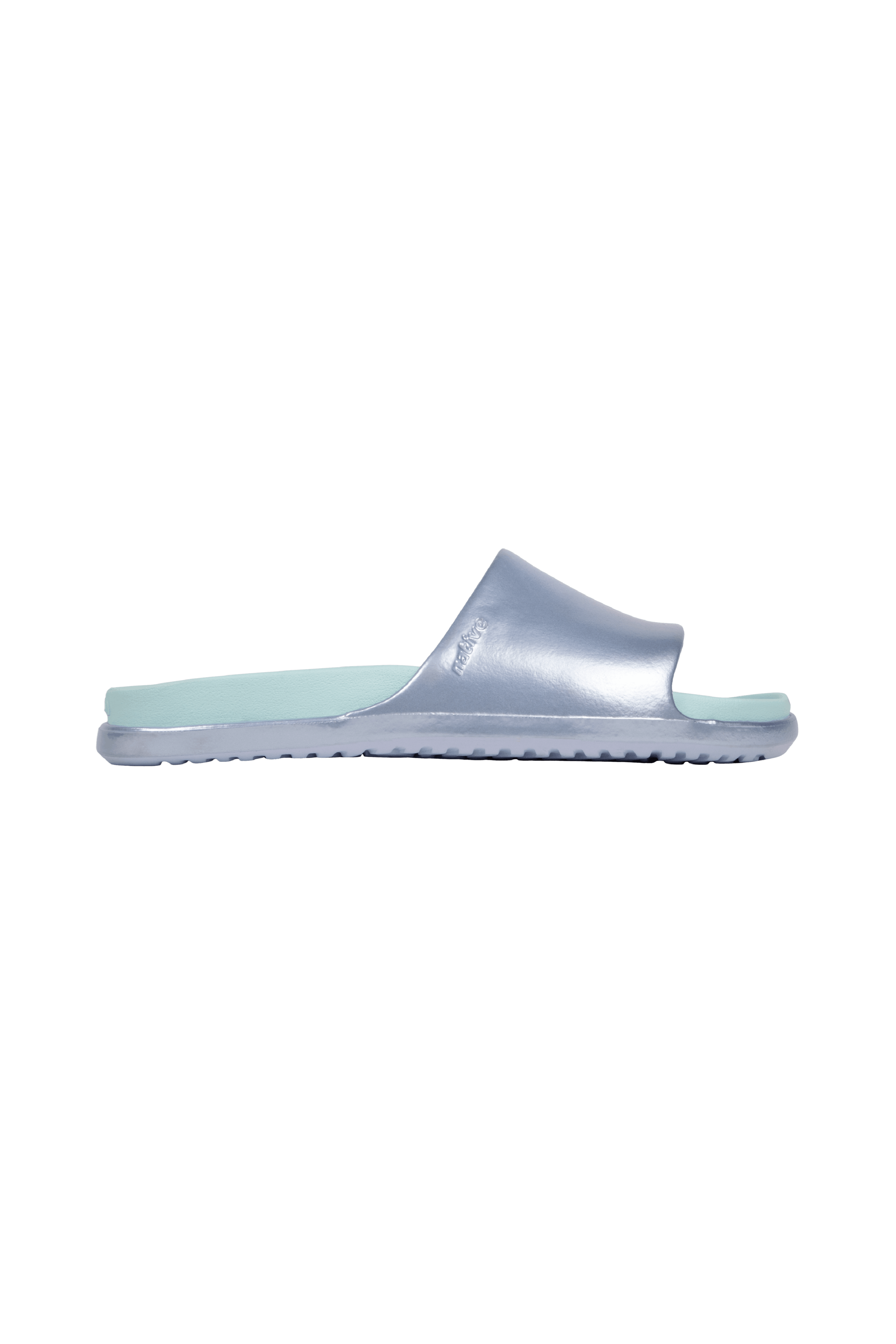 Side view of a Native Shoes Adults Spencer Lx Wanderfoam Metallic Footwear in Skyway Blue Metallic / Harbor Blue