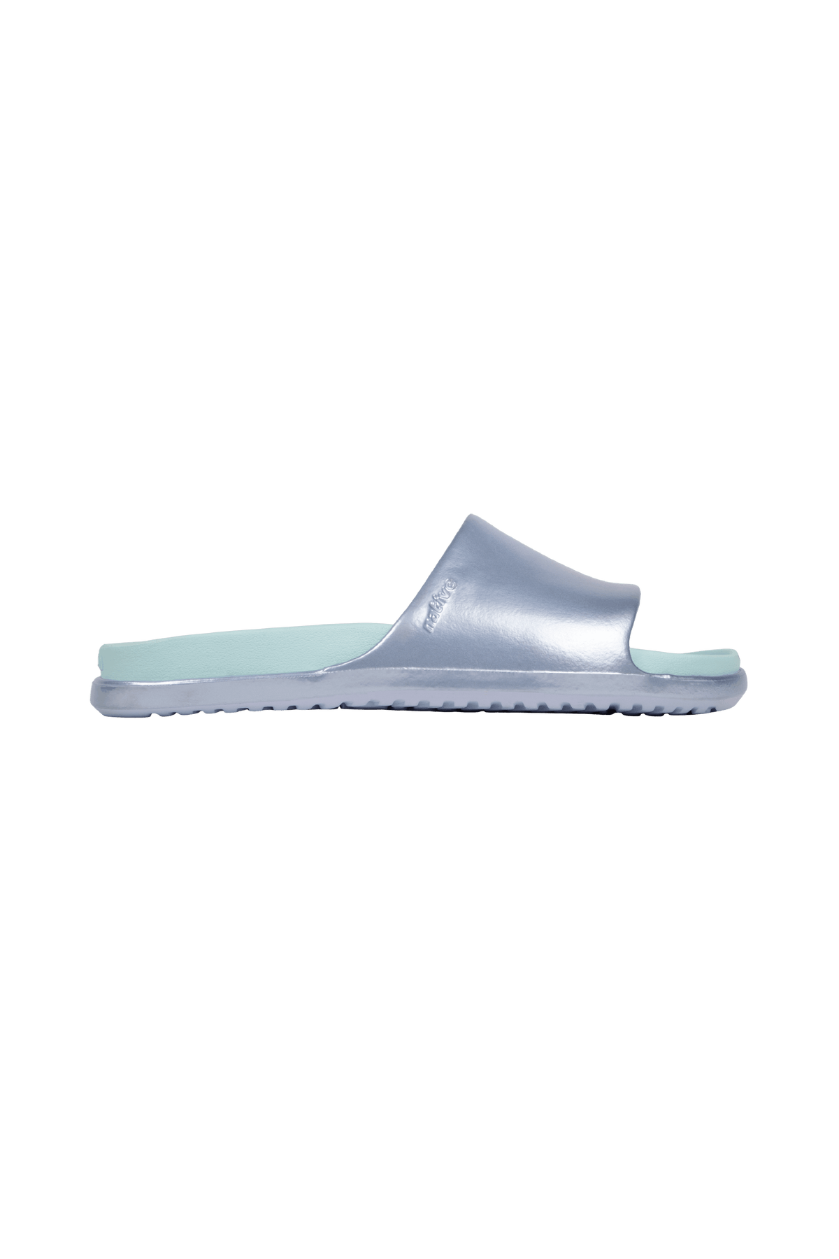 Side view of a Native Shoes Adults Spencer Lx Wanderfoam Metallic Footwear in Skyway Blue Metallic / Harbor Blue