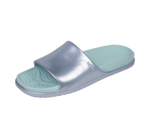 Angled view of a Native Shoes Spencer Lx Wanderfoam Metallic | Skyway Blue Metallic / Harbor Blue Footwear in Skyway Blue Metallic / Harbor Blue