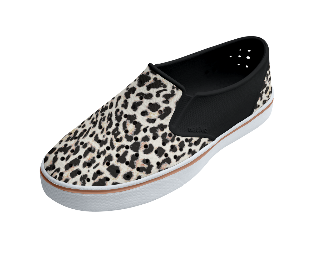 Angled view of a Native Shoes Miles Wanderfoam Print | Jiffy Black / Shell White / Summer Fun Footwear in Jiffy Black / Shell White / Summer Fun