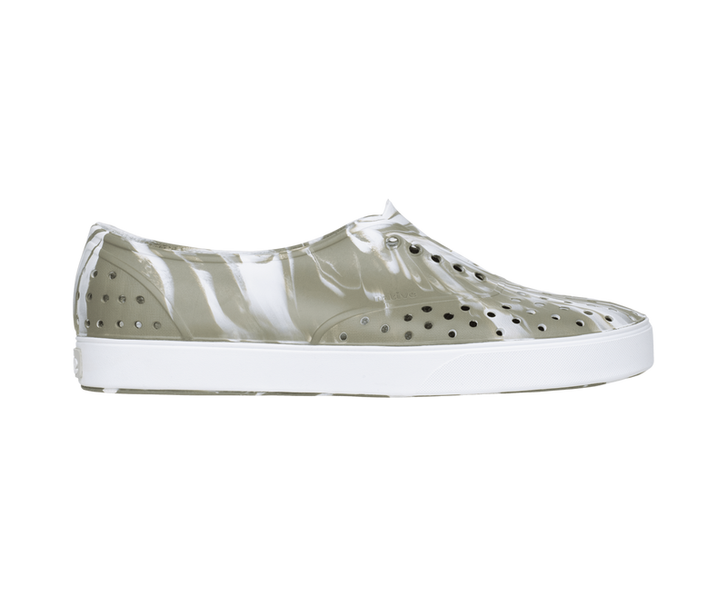 Side view of a Native Shoes Adults Miller Wanderfoam Marbled Footwear in Vetshlmarble/Shlwht