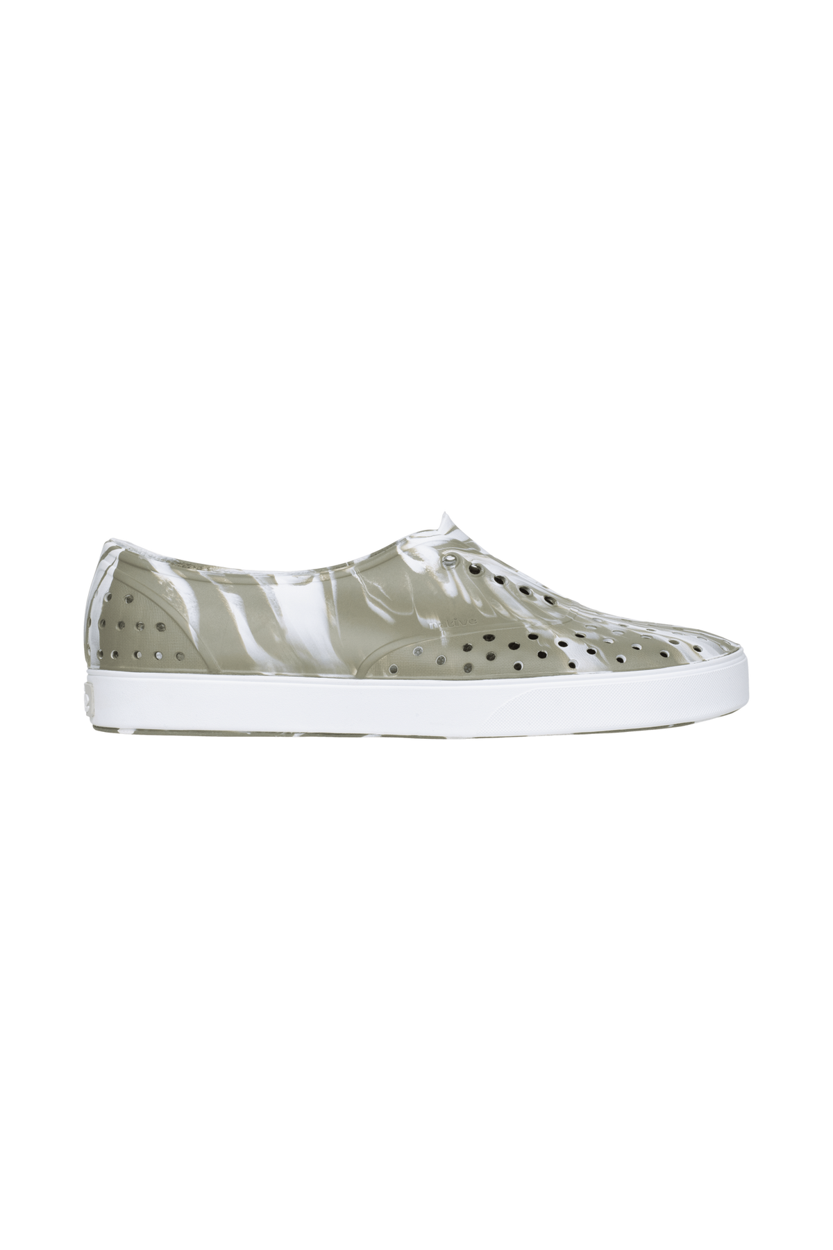 Side view of a Native Shoes Adults Miller Wanderfoam Marbled Footwear in Vetshlmarble/Shlwht