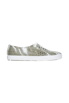 Side view of a Native Shoes Adults Miller Wanderfoam Marbled Footwear in Vetshlmarble/Shlwht