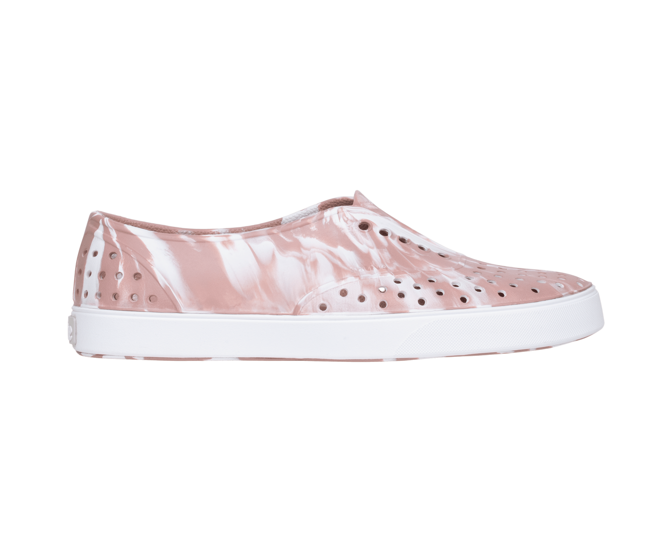 Side view of a Native Shoes Adults Miller Wanderfoam Marbled Footwear in Cayshlmarble/Shlwht