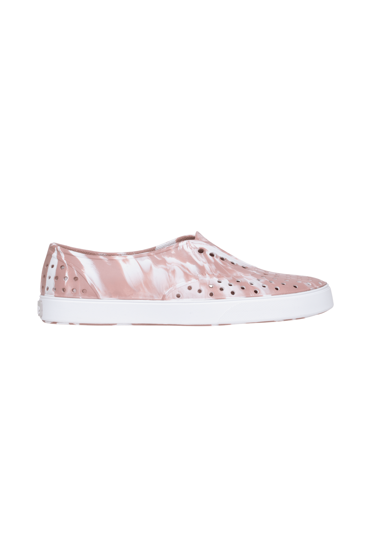 Side view of a Native Shoes Adults Miller Wanderfoam Marbled Footwear in Cayshlmarble/Shlwht