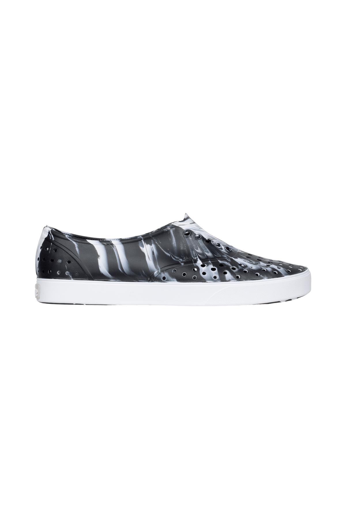 Side view of a Native Shoes Adults Miller Wanderfoam Marbled Footwear in Jfyshlmarble/Shlwht