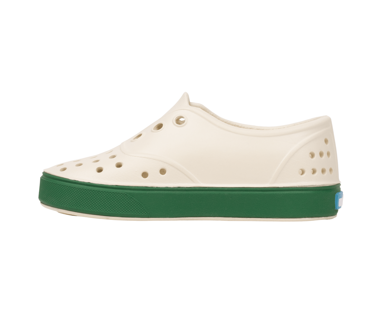 Angled view of a Native Shoes Kids Miller Kids | Bnwht/Hntrgr Footwear in Bnwht/Hntrgr