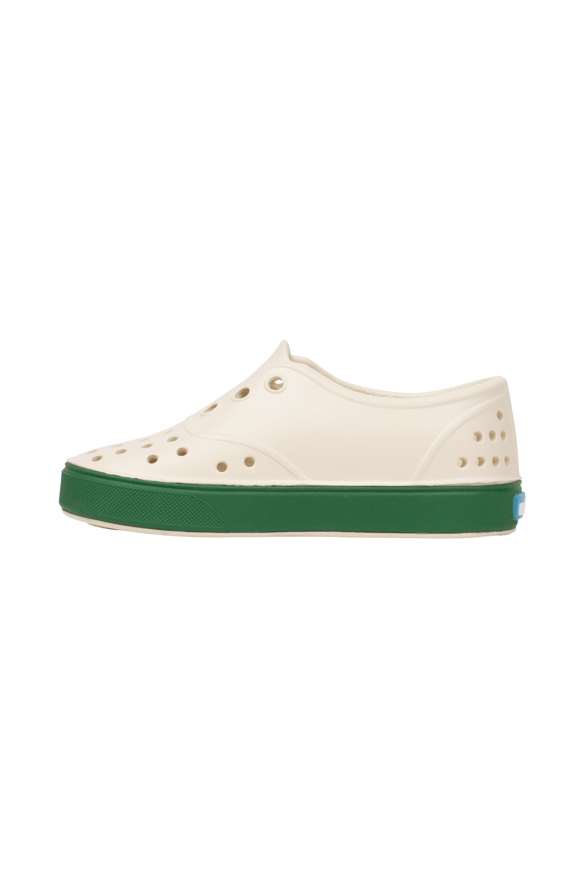 Angled view of a Native Shoes Kids Miller Kids | Bnwht/Hntrgr Footwear in Bnwht/Hntrgr
