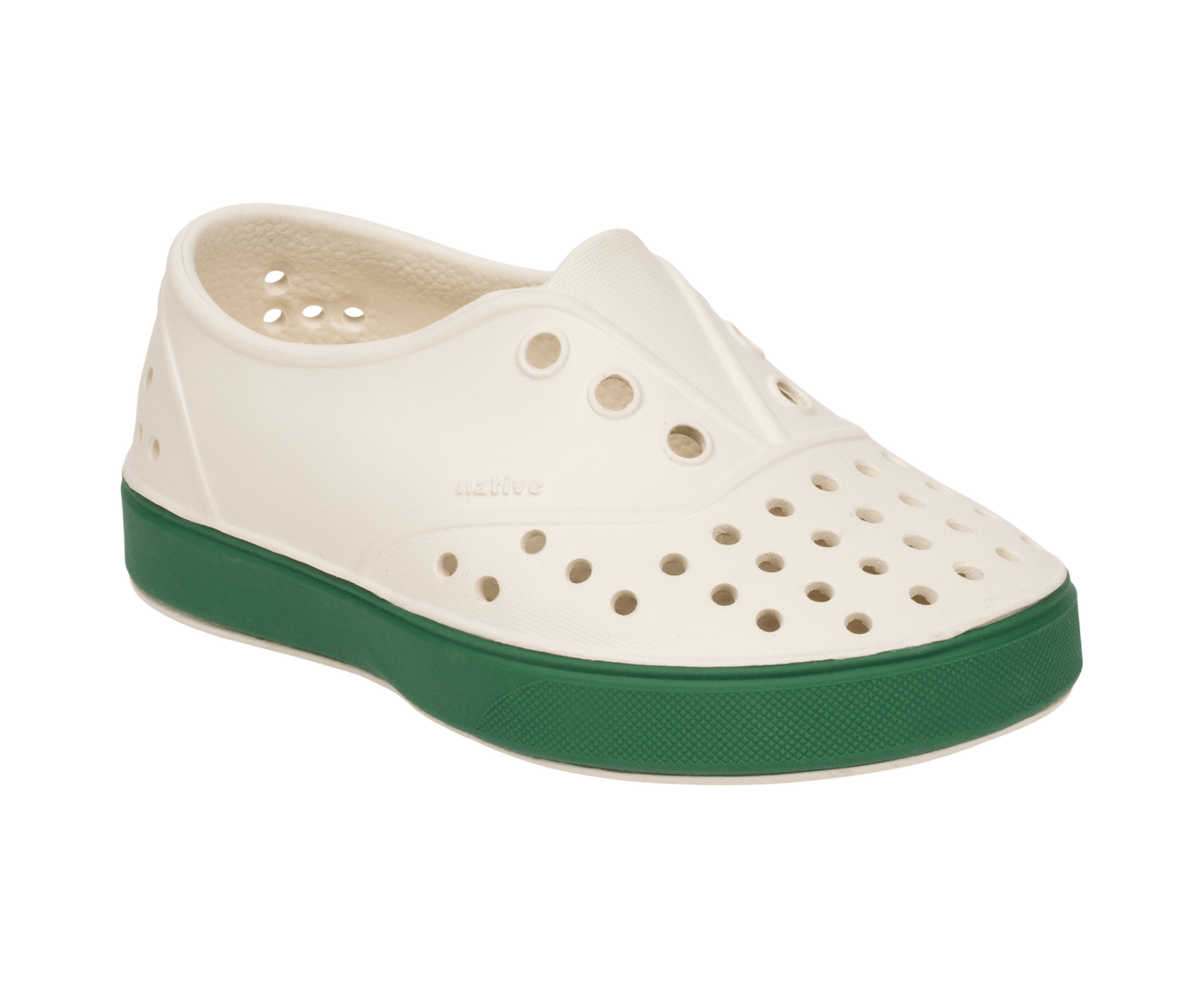 Bottom view of a Native Shoes Kids Miller Kids | Bnwht/Hntrgr Footwear in Bnwht/Hntrgr