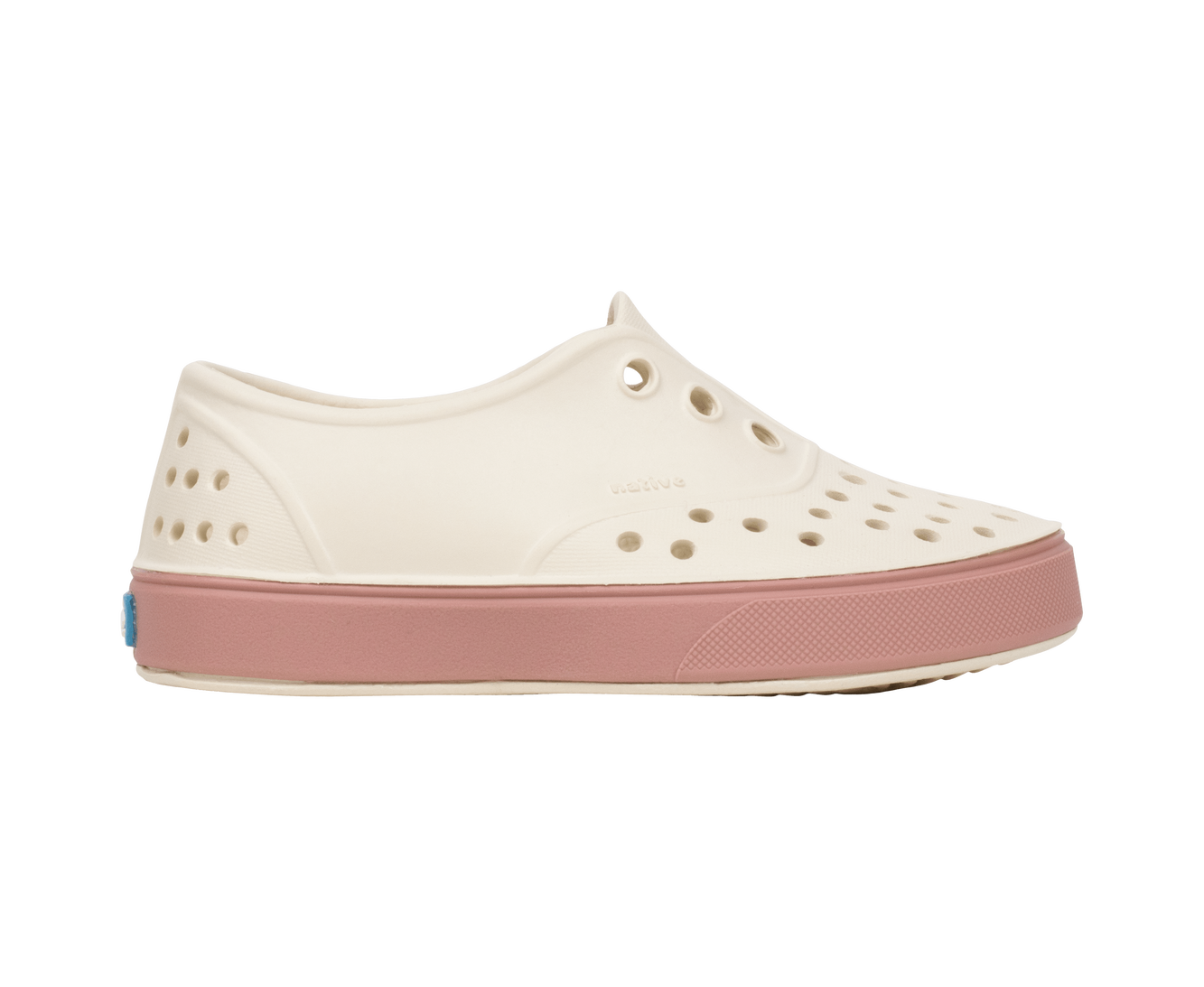 Side view of a Native Shoes Kids Miller Kids Footwear in Bnwht/Caypnk
