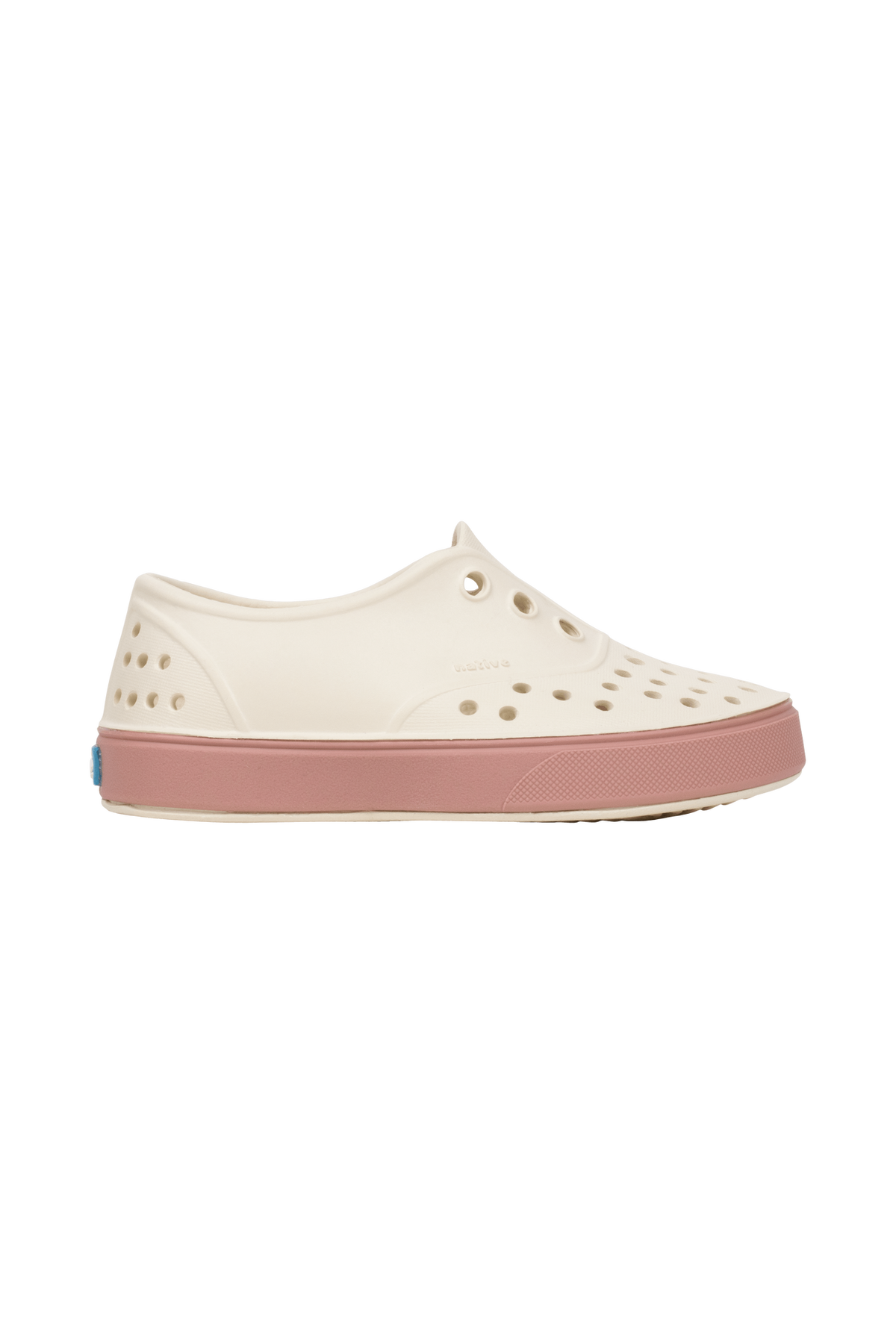 Side view of a Native Shoes Kids Miller Kids Footwear in Bnwht/Caypnk