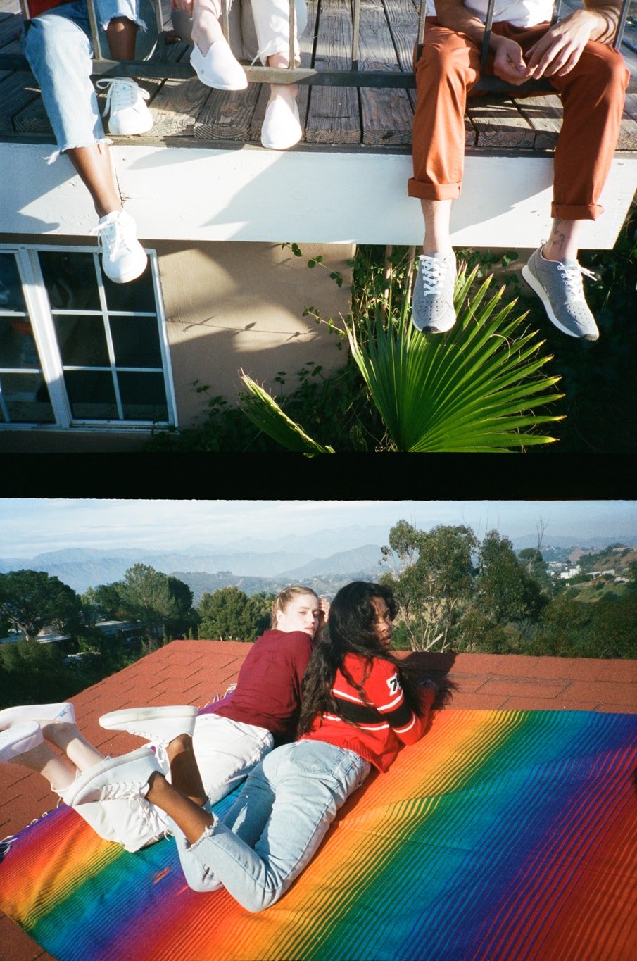 people wearing classic shoes sitting on a balcony in the sun. two girls lying in the sun on a roof in California wearing classic white sneakers