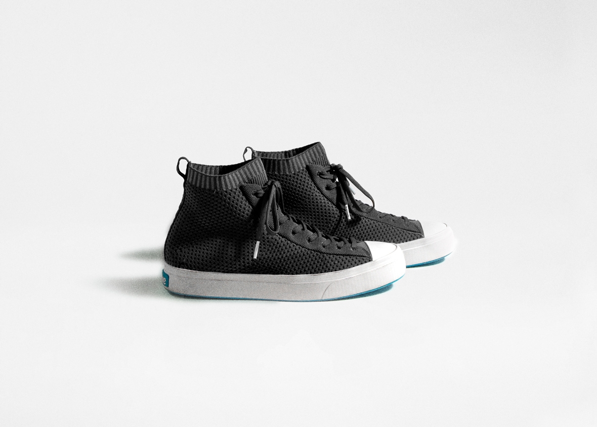 Classic black high top Native Shoes knit sneakers which are slip-on for men and women